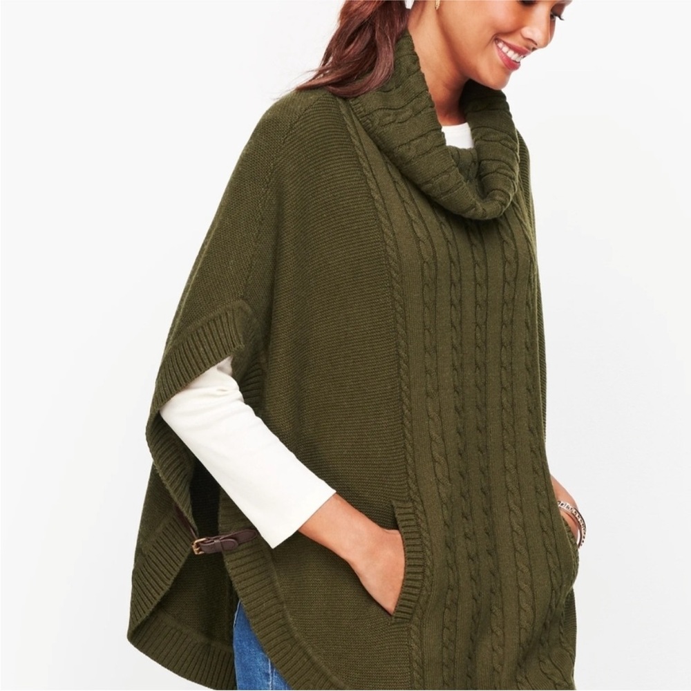 Talbots Cable‎ Knit Cowl Neck Poncho Olive Green Size XS NWT